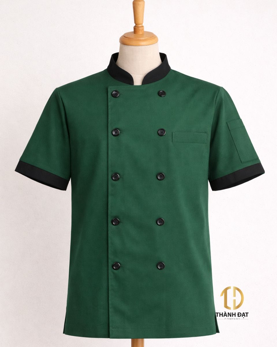 Áo bếp đồng phục màu xanh viền đen cho nhà hàng