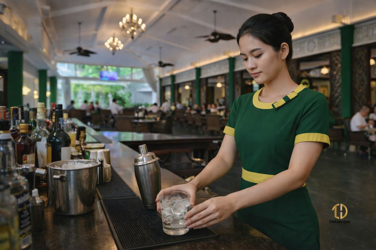 Đồng phục bartender nhà hàng Lục Thủy với váy xanh phối vàng