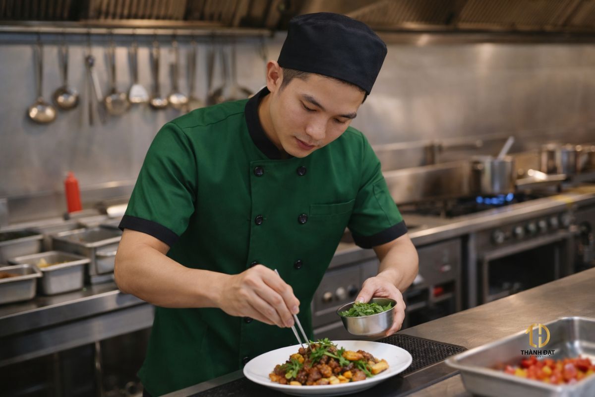 Đầu bếp nhà hàng Lục Thủy với áo bếp xanh viền đen