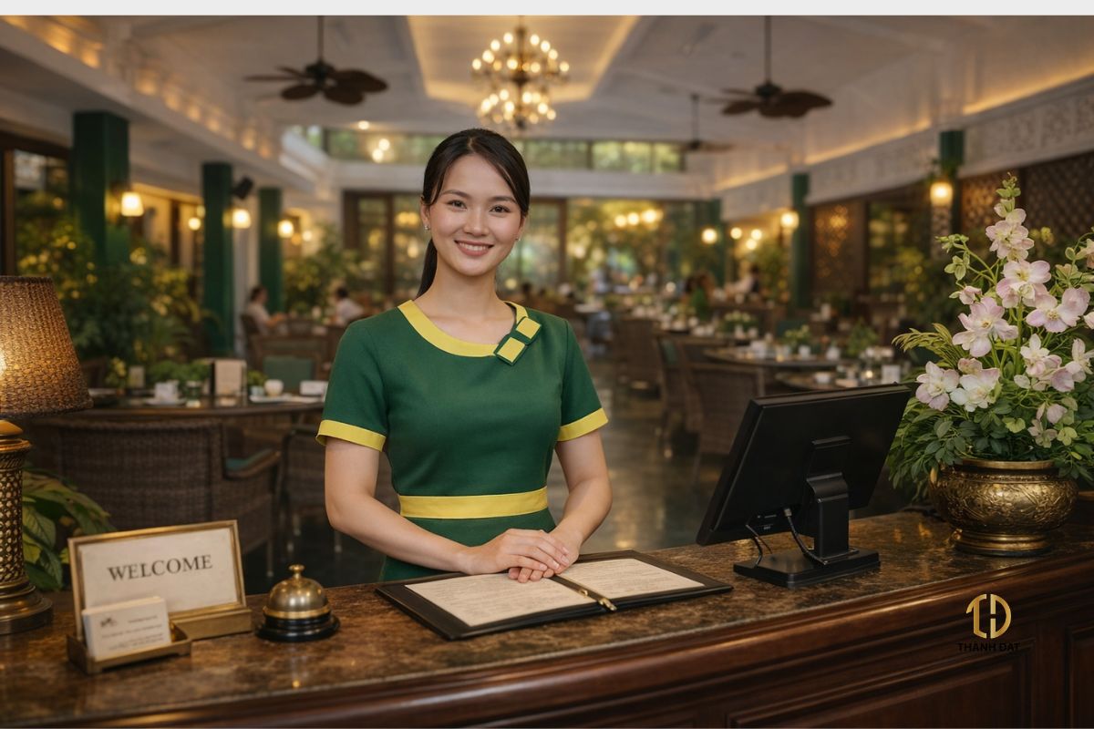 Đồng phục lễ tân nhà hàng Lục Thủy Hà Nội với váy xanh phối vàng