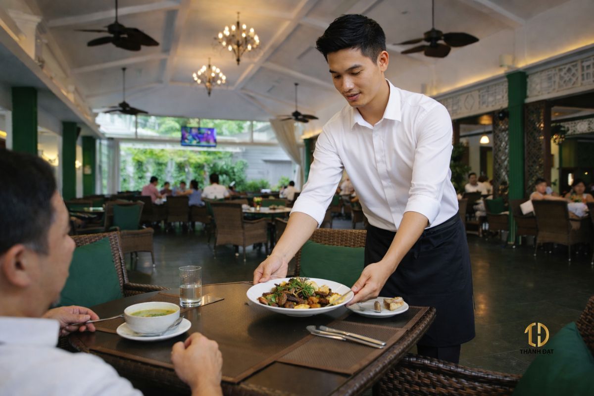 Đồng phục phục vụ bàn nhà hàng Lục Thủy với áo sơ mi trắng và tạp dề đen