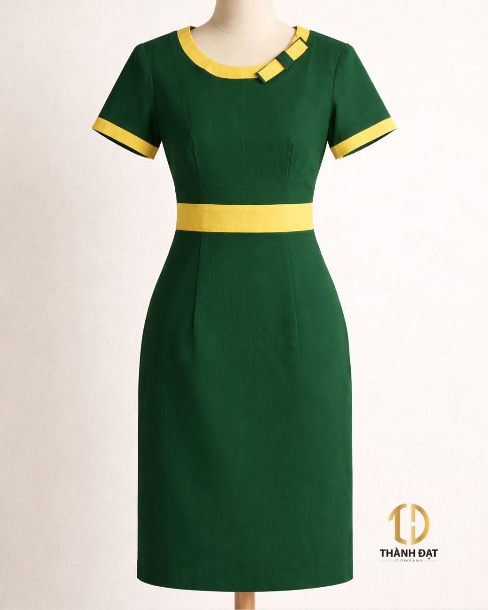 Váy đồng phục lễ tân và bartender màu xanh phối vàng