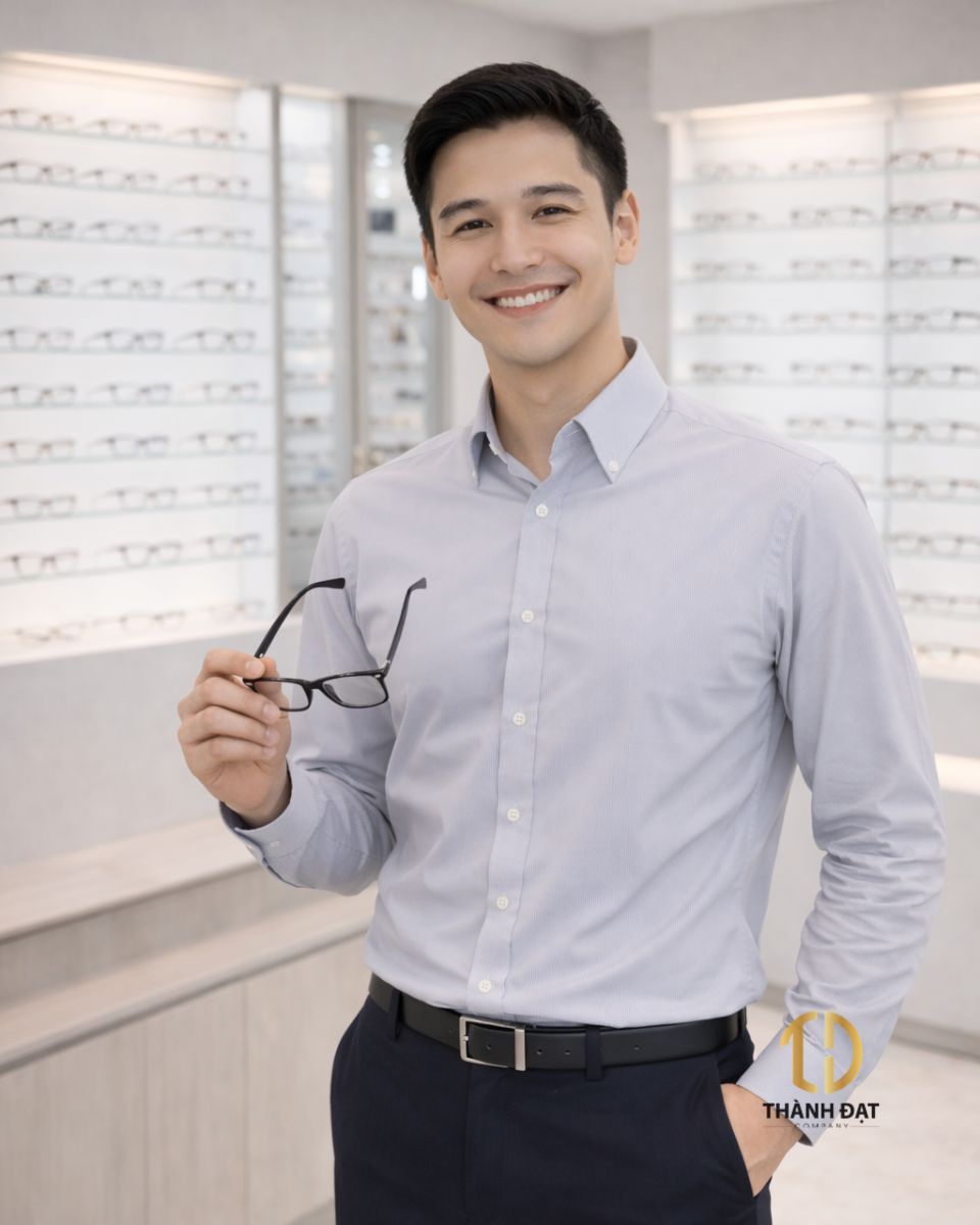 nhân viên nam cửa hàng kính mắt mặc áo sơ mi đồng phục