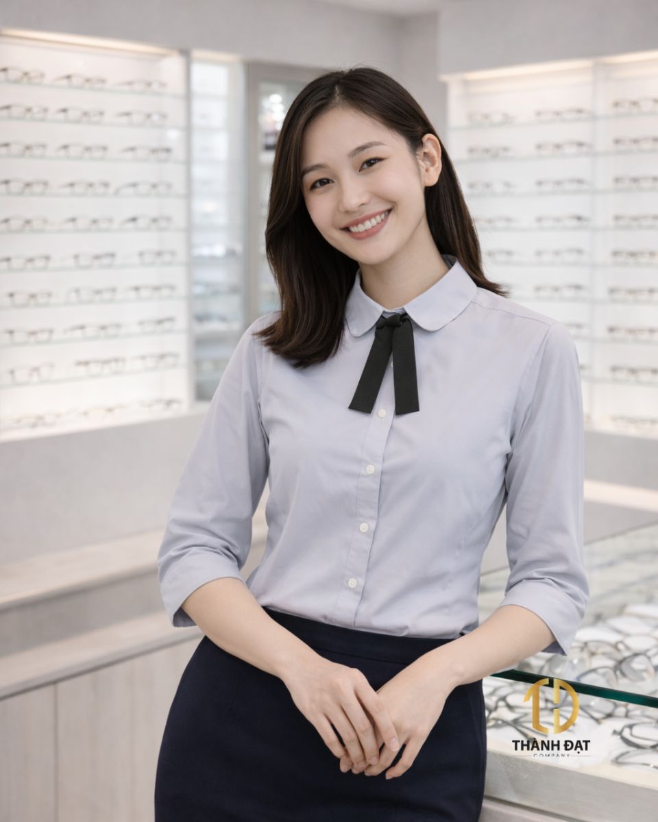 nhân viên nữ cửa hàng kính mắt mặc áo sơ mi đồng phục cổ nơ