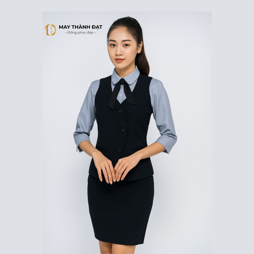 Nhân viên nữ showroom Kính mắt Anna mặc đồng phục gile xanh đen phối sơ mi cổ nơ