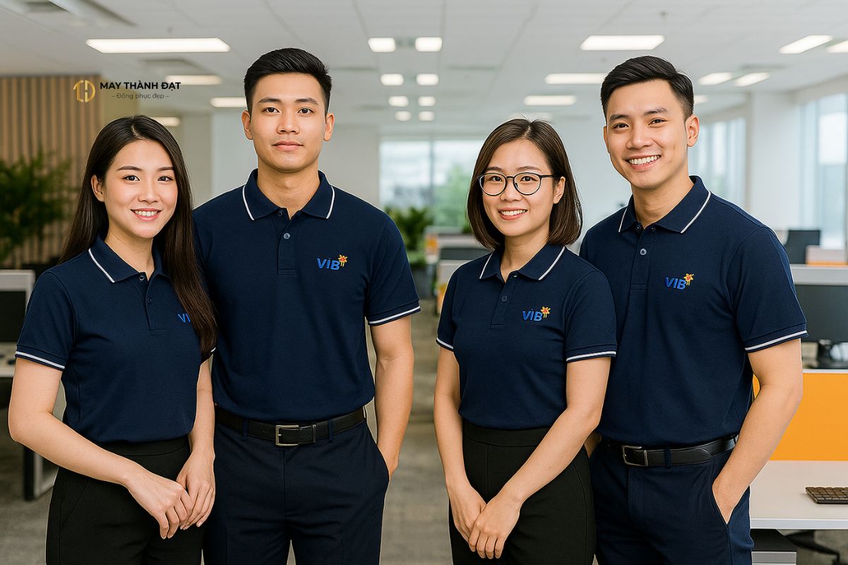 Nhân viên văn phòng mặc áo polo đồng phục VIB xanh navy chuyên nghiệp tại Hà Nội