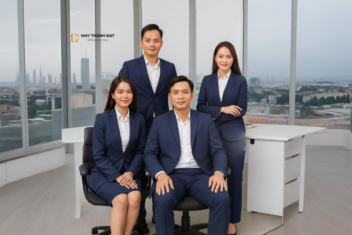 Nhân viên công ty tại Hà Nội mặc đồng phục vest công sở xanh navy – May Thành Đạt