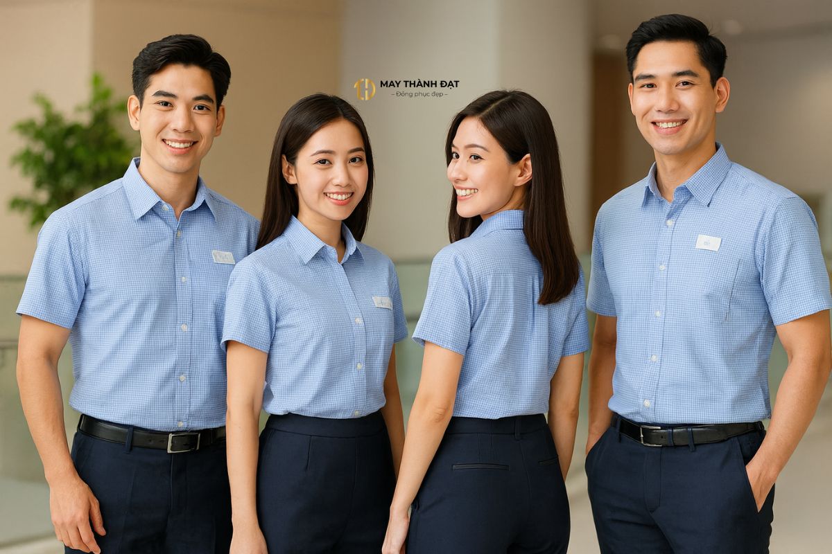 Nhóm nhân viên công ty tại Hà Nội mặc đồng phục sơ mi xanh kẻ sọc, thể hiện sự đồng nhất và chuyên nghiệp