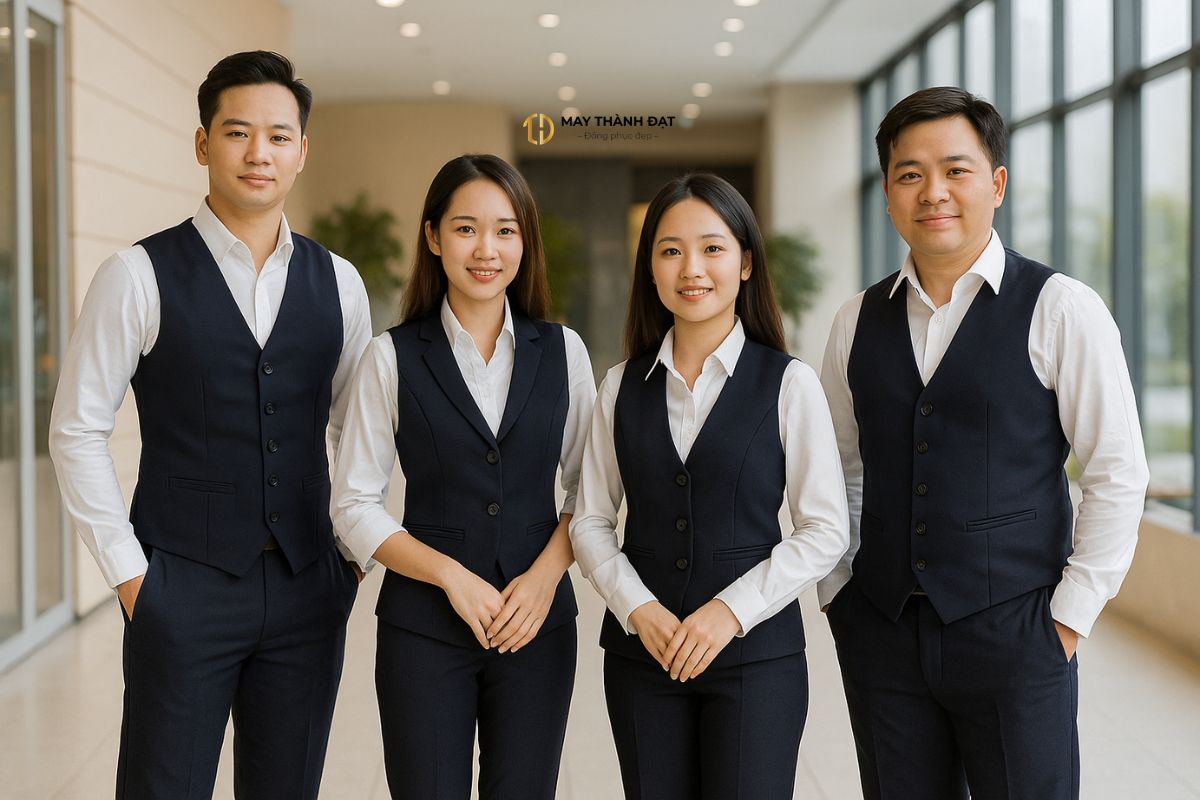 Nhân viên công ty tại Hà Nội mặc đồng phục sơ mi trắng phối gile xanh navy lịch sự