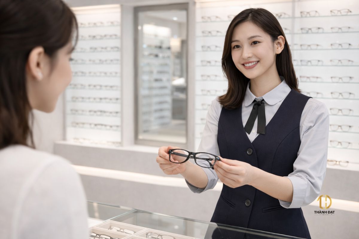 nhân viên kính mắt anna mặc đồng phục công sở tư vấn khách hàng