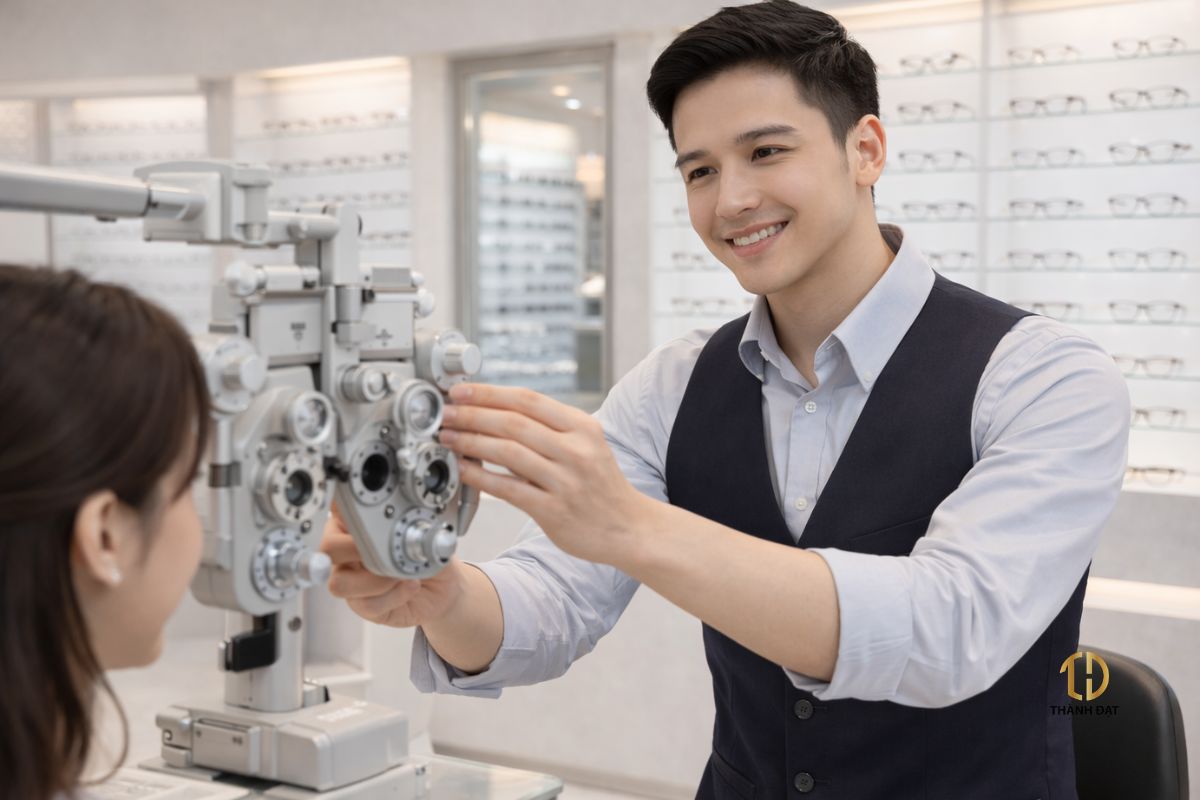 nhân viên kính mắt anna mặc đồng phục đo mắt cho khách