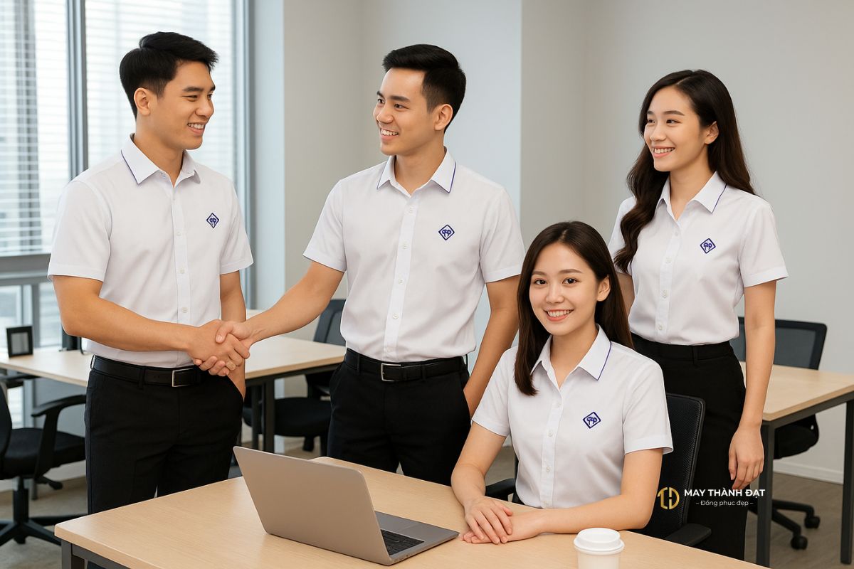 nhân viên công sở mặc đồng phục sơ mi trắng quần tây đen tại Hà Nội