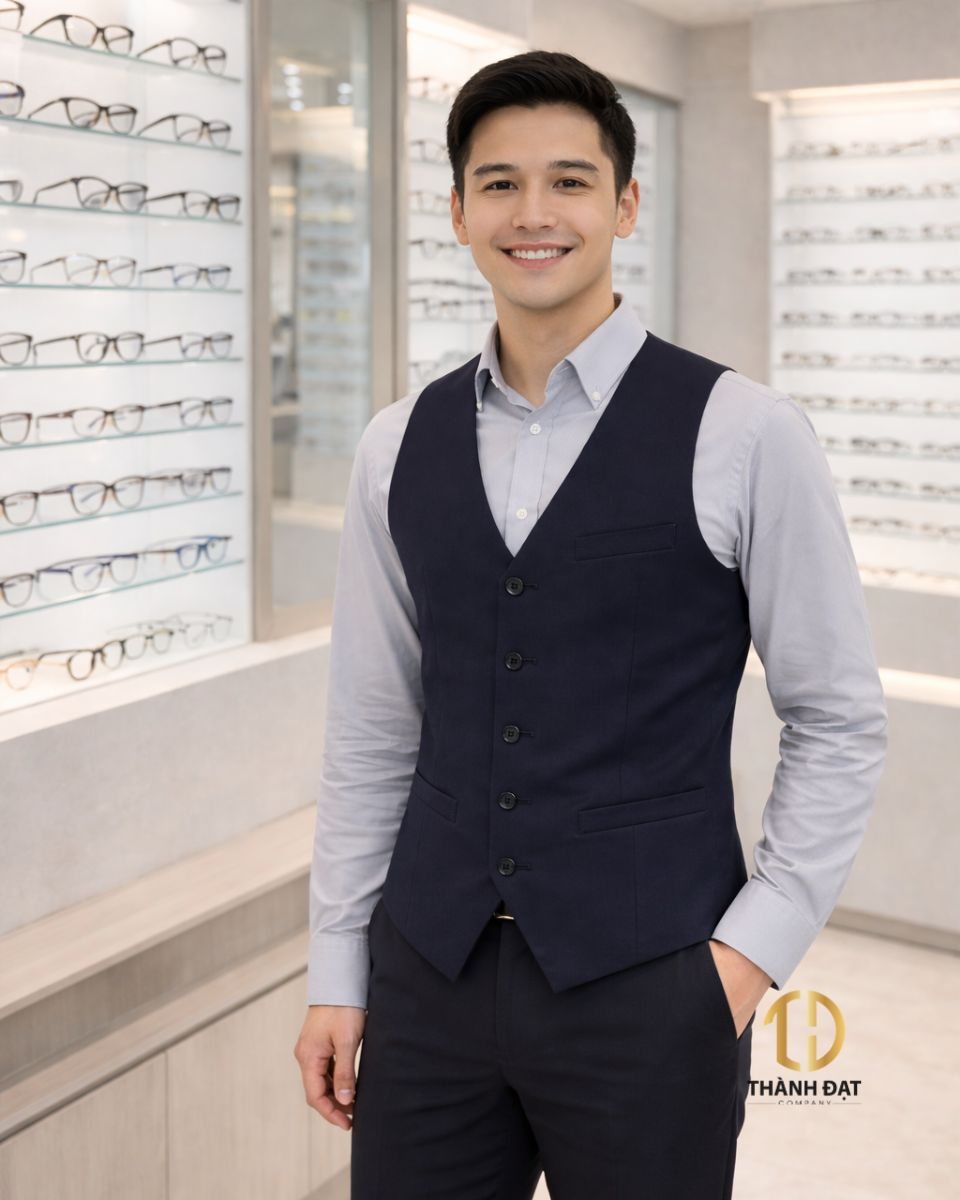 nhân viên cửa hàng kính mắt anna mặc gile đồng phục