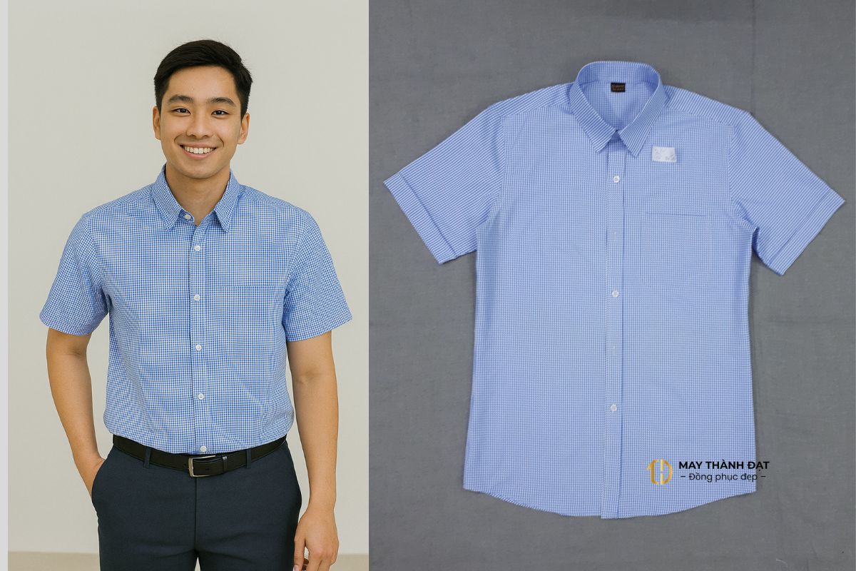 Áo sơ mi caro công sở Hà Nội trẻ trung – ảnh flatlay và người mặc thực tế