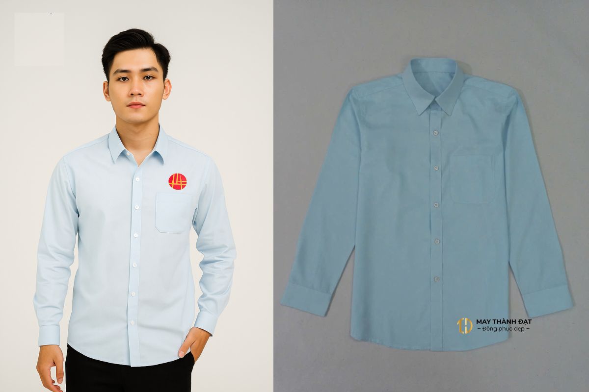 Áo sơ mi xanh nhạt công sở Hà Nội hiện đại – ảnh flatlay và người mẫu mặc thực tế