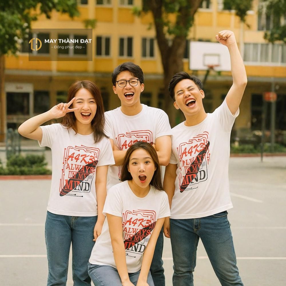 áo đồng phục nhóm lớp màu trắng cổ tròn in slogan vui nhộn – May Thành Đạt