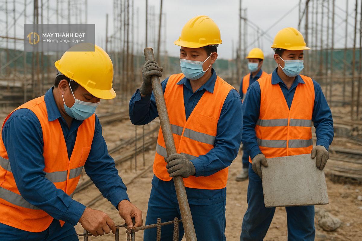 Công nhân mặc đồng phục bảo hộ phối áo phản quang tại công trường xây dựng – May Thành Đạt