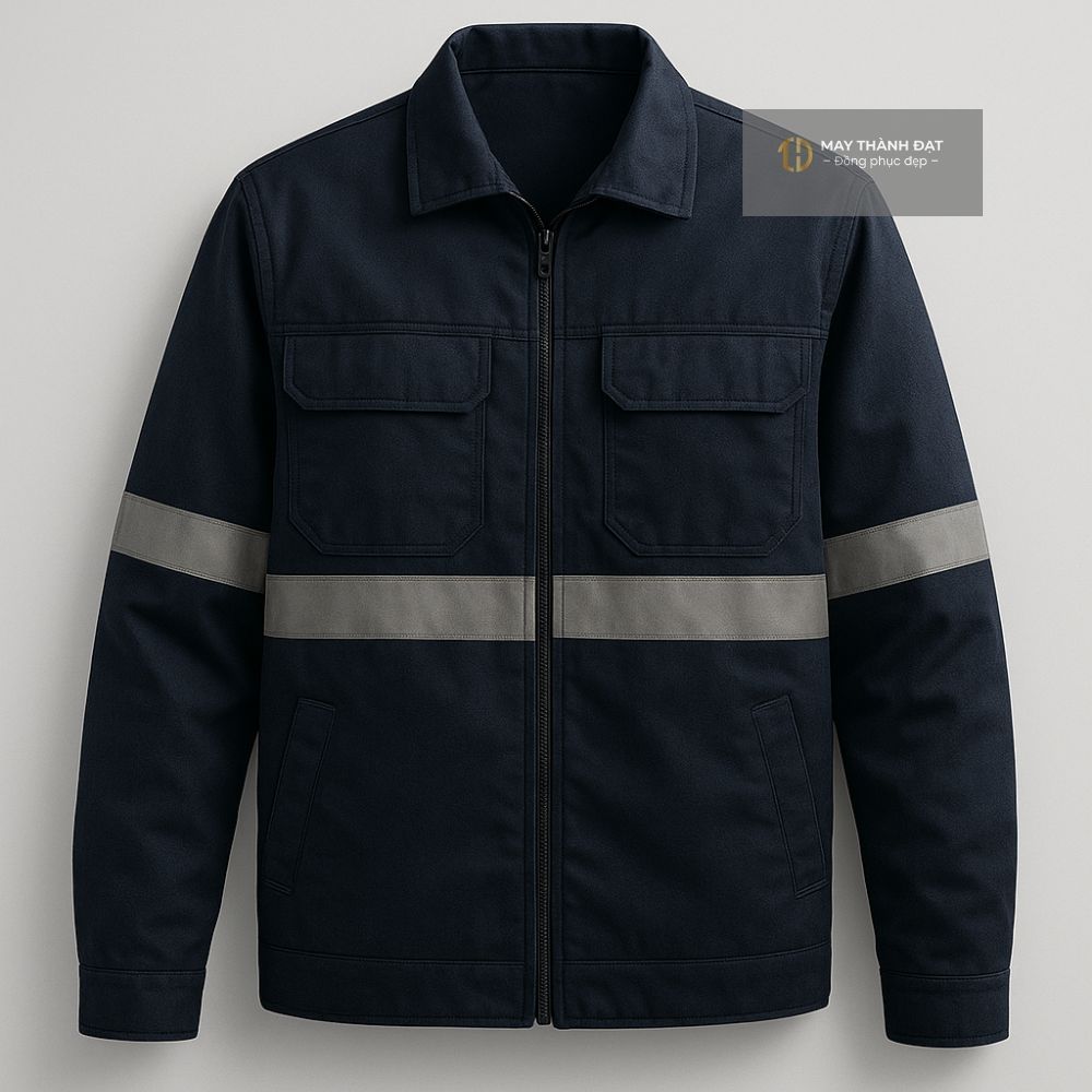 Mockup áo bảo hộ mùa thu dài tay màu xanh navy phối phản quang – May Thành Đạt
