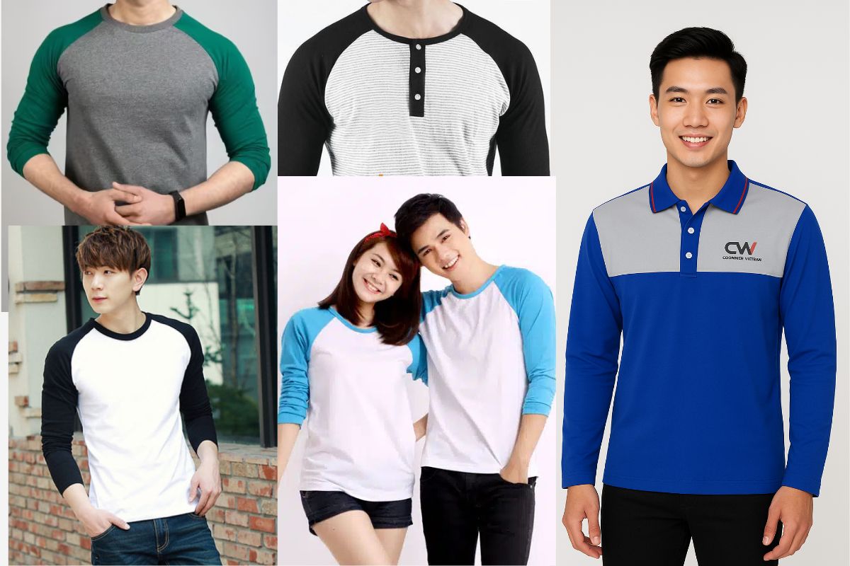 Các mẫu phối màu áo phông dài tay đồng phục: phối vai, phối tay, phối thân – May Thành Đạt Hà Nội.