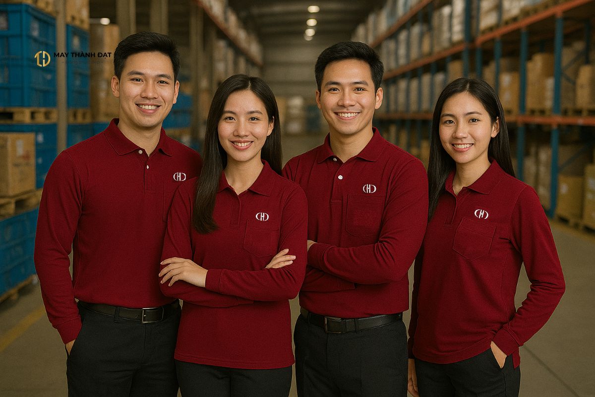 Nhóm công nhân mặc đồng phục áo phông dài tay màu đỏ đô