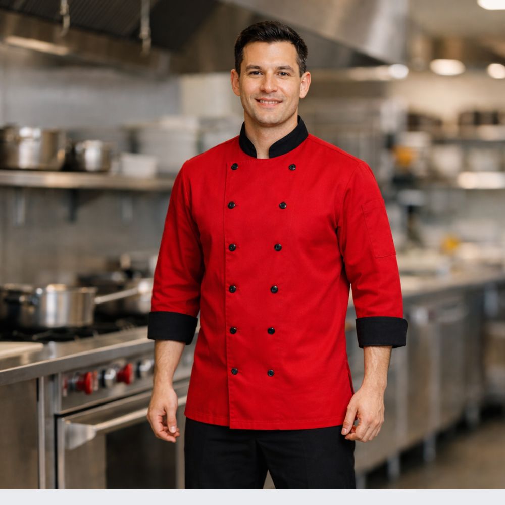 áo bếp nhà hàng phối đỏ đen đồng bộ hệ thống