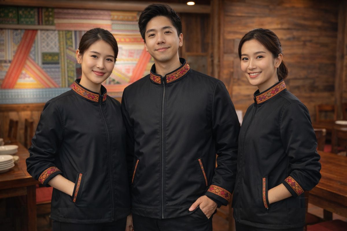 Nhân viên nhà hàng mặc áo khoác phong cách Tây Bắc trong không gian gỗ ấm cúng