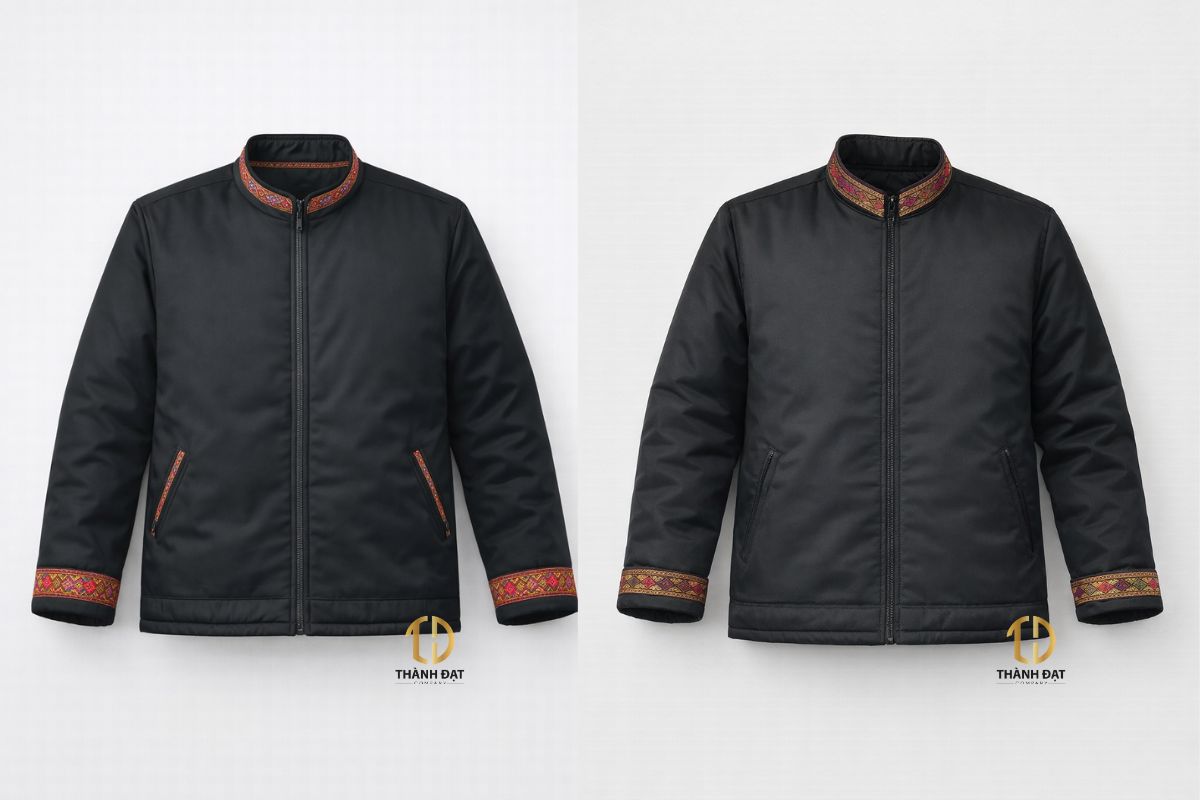 Áo khoác nhân viên nhà hàng phong cách Tây Bắc màu đen, viền thổ cẩm cổ, tay và miệng túi