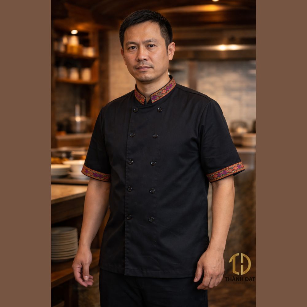 Áo bếp phong cách Tây Bắc màu đen, cổ đứng, hàng khuy đôi, điểm nhấn thổ cẩm tiết chế tại cổ và tay