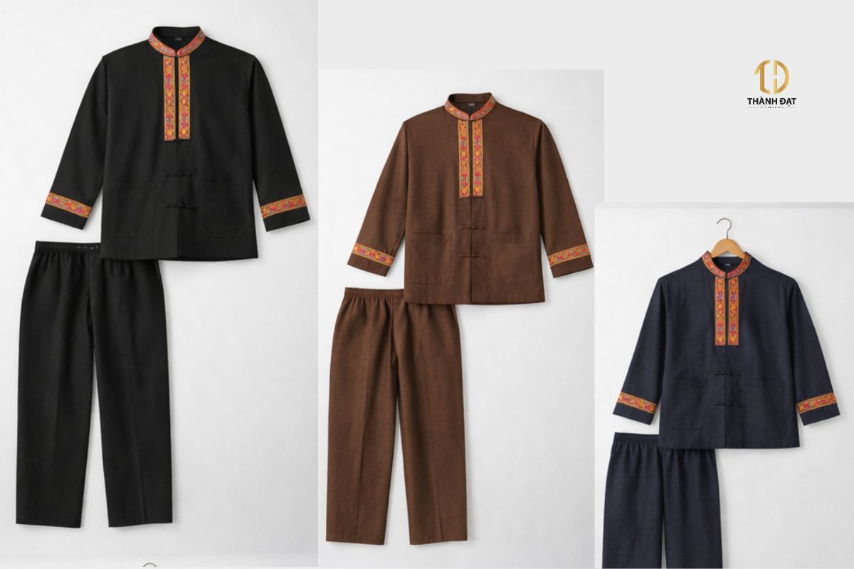 Đồng phục nhà hàng phong cách Tây Bắc đa dạng màu sắc đen, nâu đất và xanh chàm với họa tiết thổ cẩm cổ đứng – May Thành Đạt Hà Nội