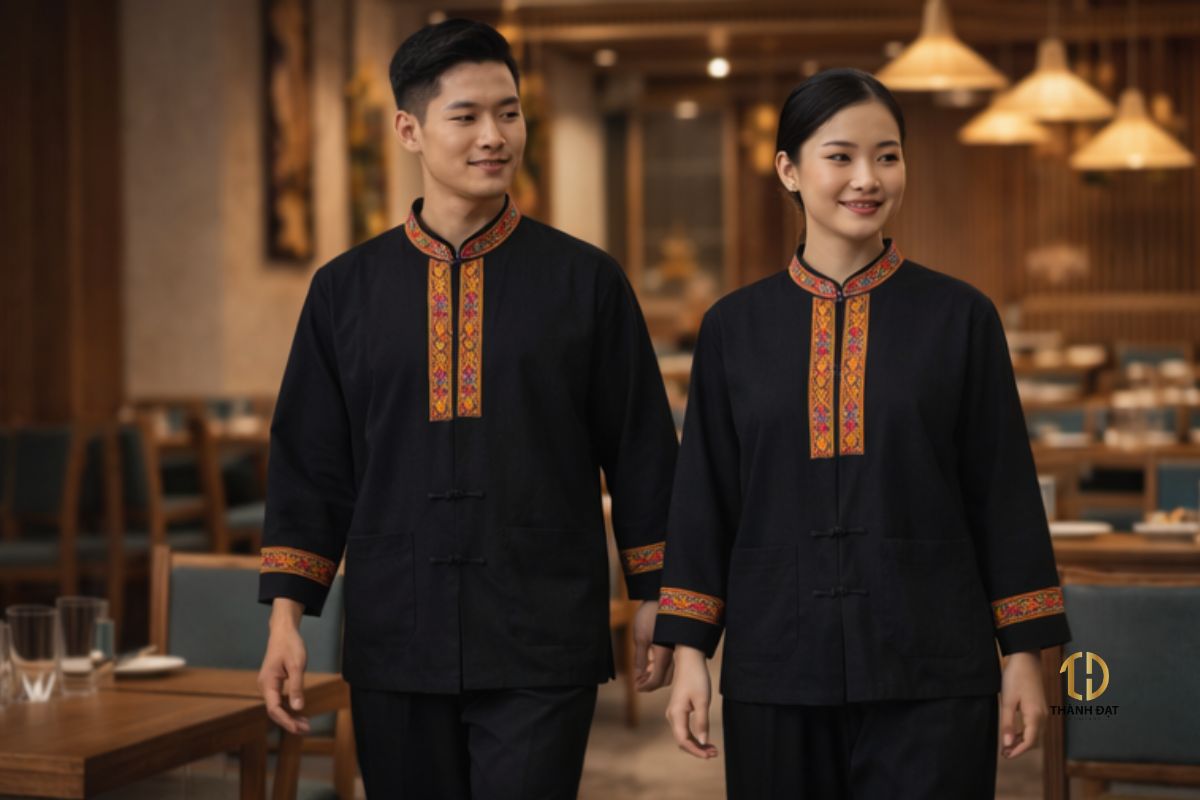 Nhân viên đón khách nhà hàng phong cách Tây Bắc mặc đồng phục thổ cẩm màu đen