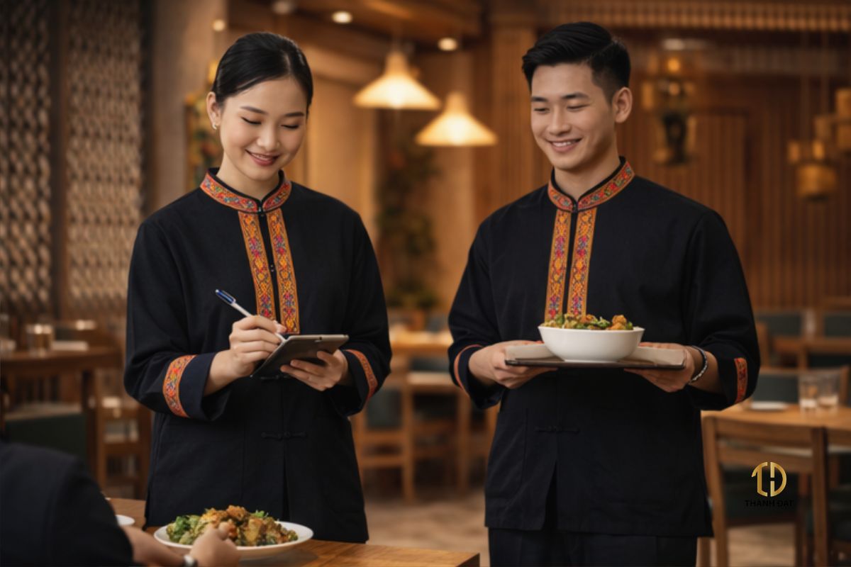 Đồng phục nhân viên phục vụ nhà hàng phong cách Tây Bắc tại Hà Nội, form cổ đứng, điểm nhấn thổ cẩm tại cổ và tay áo