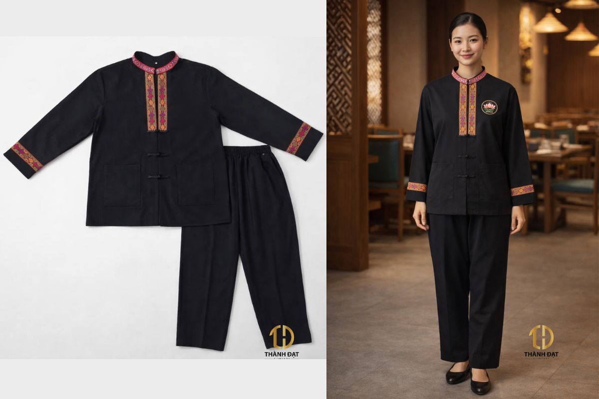 Đồng phục nhân viên phục vụ nhà hàng phong cách Tây Bắc trên người mẫu