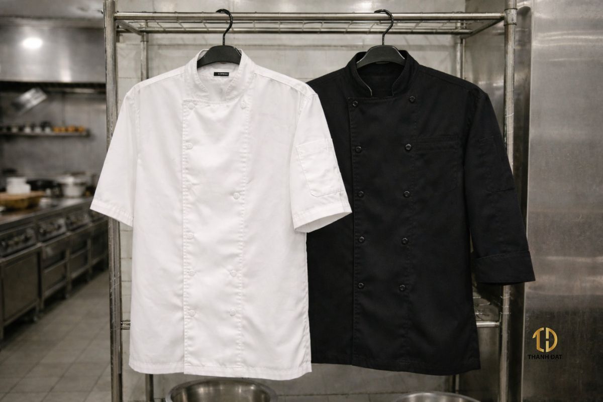 So sánh áo bếp trắng và áo bếp màu tối trong nhà hàng