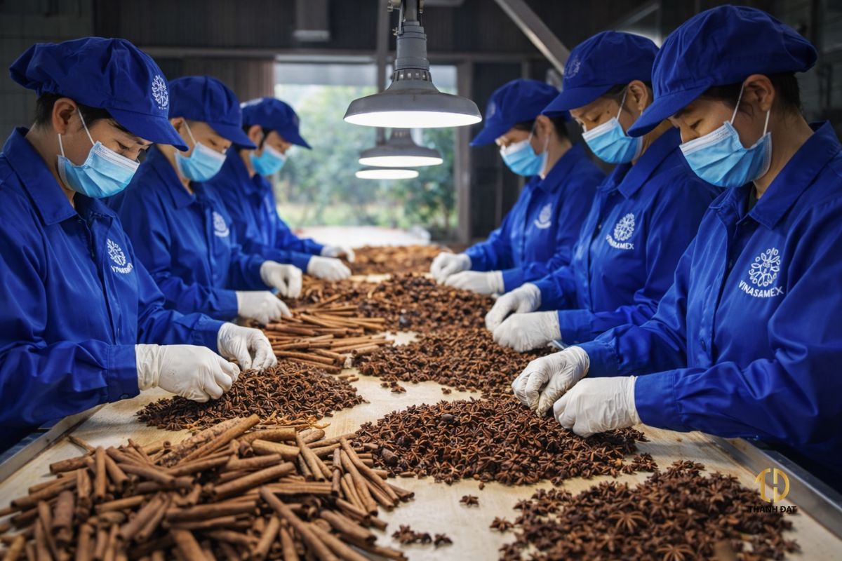 công nhân vinasamex mặc đồng phục bảo hộ làm việc với quế và hồi