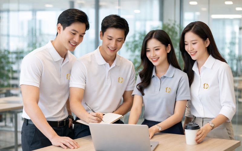 Nhân viên mặc đồng phục công ty làm việc tại văn phòng Hà Nội