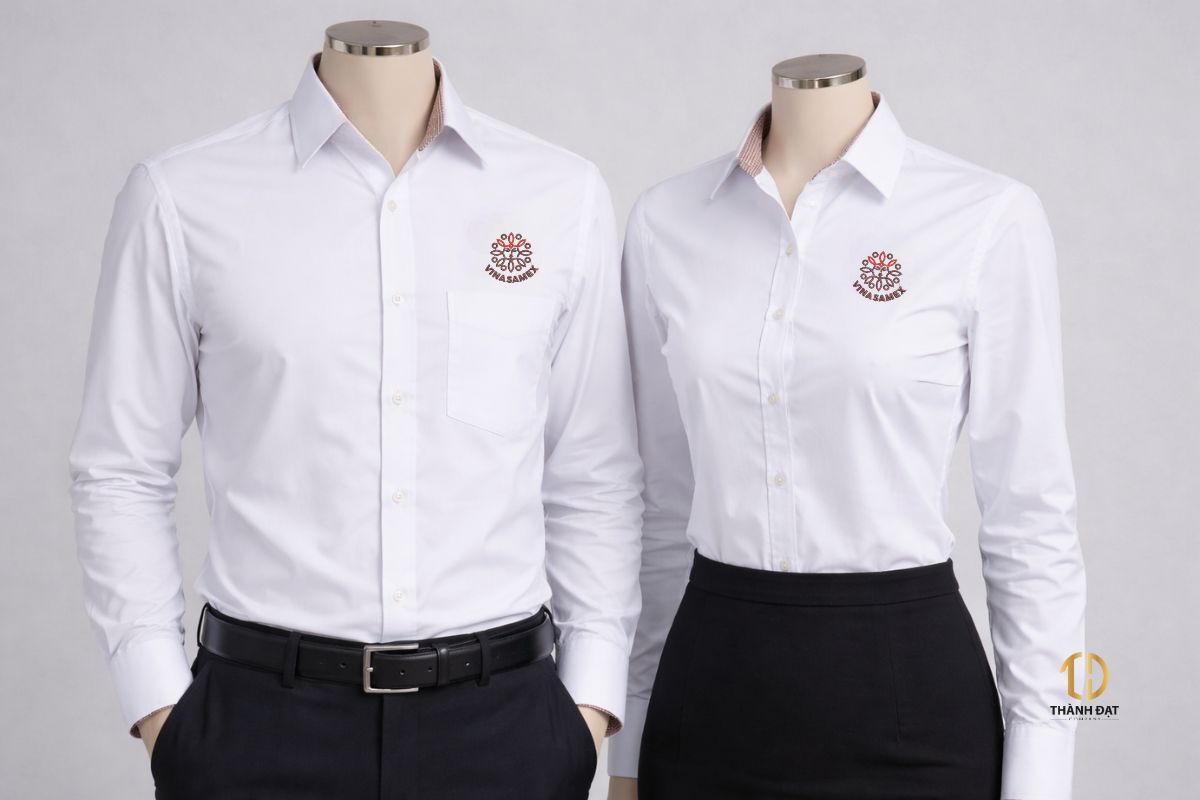 Đồng phục sơ mi công sở màu trắng phối chân cổ caro nâu logo Vinasamex – dự án may đồng phục tại Hà Nội