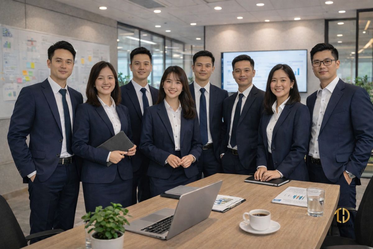 nhân viên văn phòng vinasamex mặc vest và sơ mi đồng phục trong phòng họp