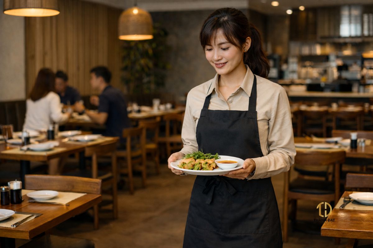 nhân viên phục vụ nhà hàng mặc tạp dề chuyên nghiệp
