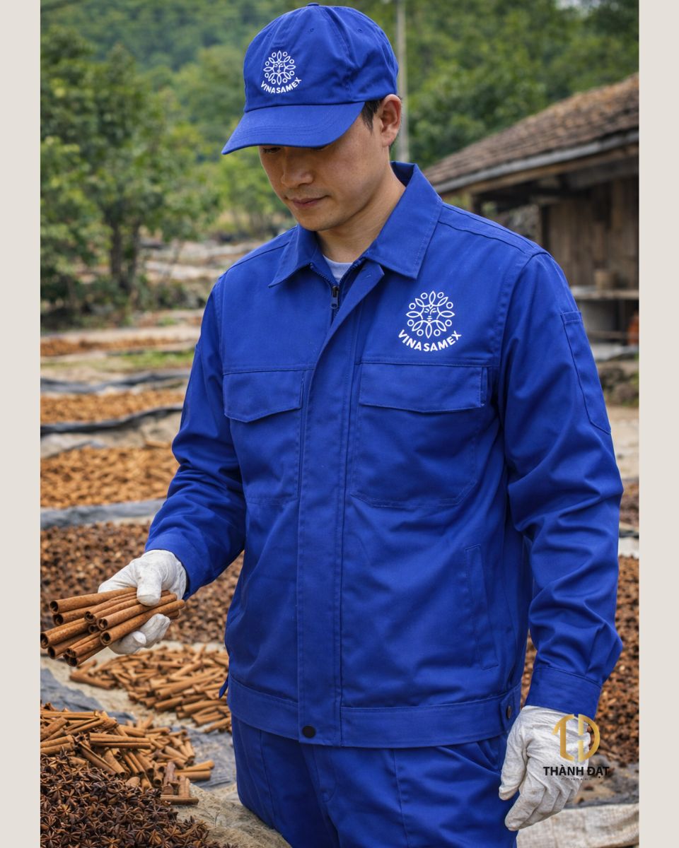 Đồng phục bảo hộ công nhân màu xanh dương logo Vinasamex – dự án may đồng phục bảo hộ tại Hà Nội