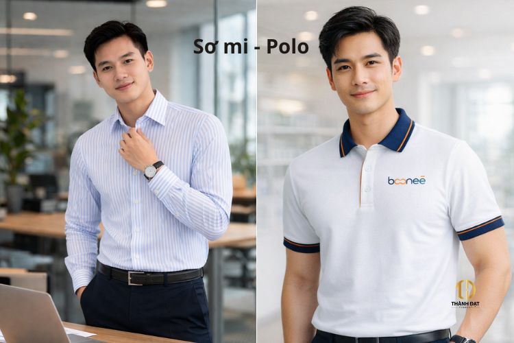 so sánh áo polo và áo sơ mi đồng phục công ty trong môi trường văn phòng
