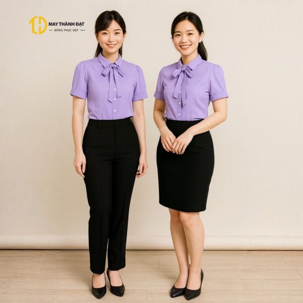 Mẫu áo sơ mi công sở nữ màu tím phối nơ – nhân viên văn phòng