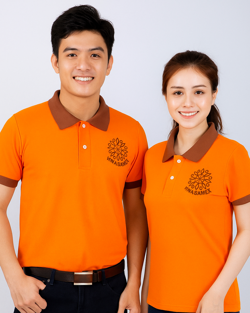 áo polo đồng phục màu cam phối cổ nâu