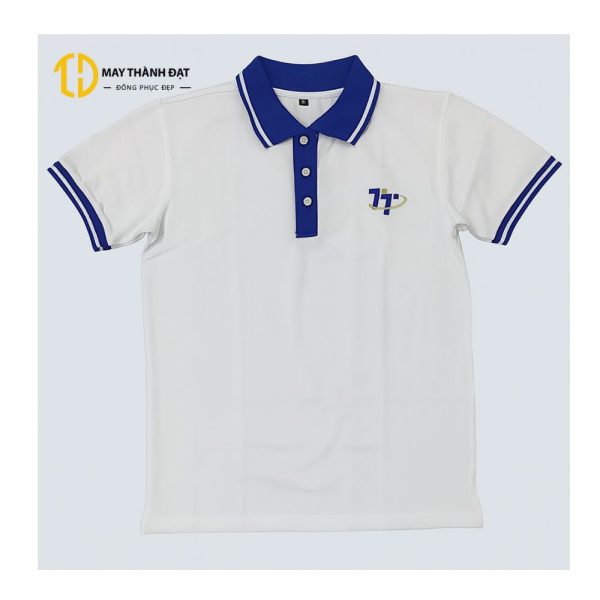 Áo polo đồng phục nam nữ, màu trắng phối viền cổ tay xanh navy