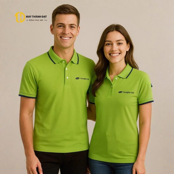 May đồng phục tại Hà Nội mẫu áo polo xanh lá phối navy