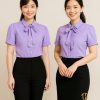 áo sơ mi đồng phục công sở nữ màu tím có nơ cổ cho nhân viên văn phòng nữ