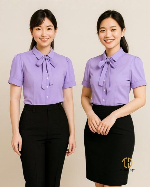 áo sơ mi đồng phục công sở nữ màu tím có nơ cổ cho nhân viên văn phòng nữ