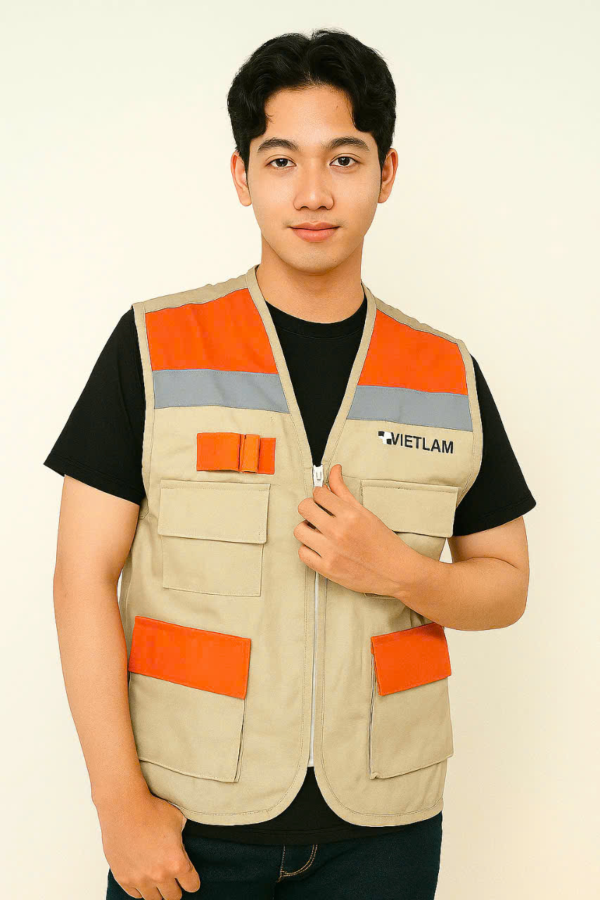 Áo gile bảo hộ lao động màu kem phối cam và phản quang
