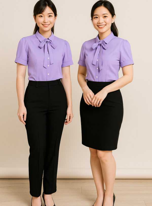 Áo sơ mi nữ công sở cổ nơ màu tím – May Thành Đạt