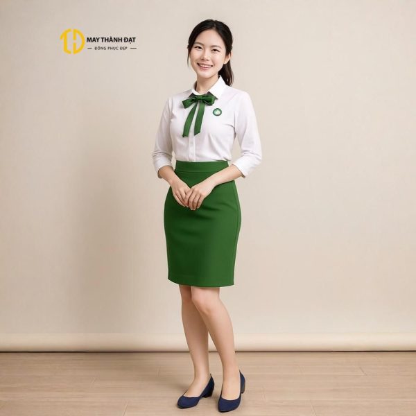 Đồng phục nữ áo sơ mi trắng thắt nơ và chân váy xanh