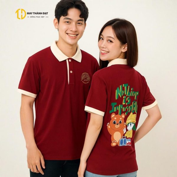 Áo nhóm lớp màu đỏ đô phối cổ kem vàng, in logo và slogan rõ nét